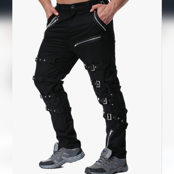 Men's Black Buckle Strap Pants - Picture 2 of 16